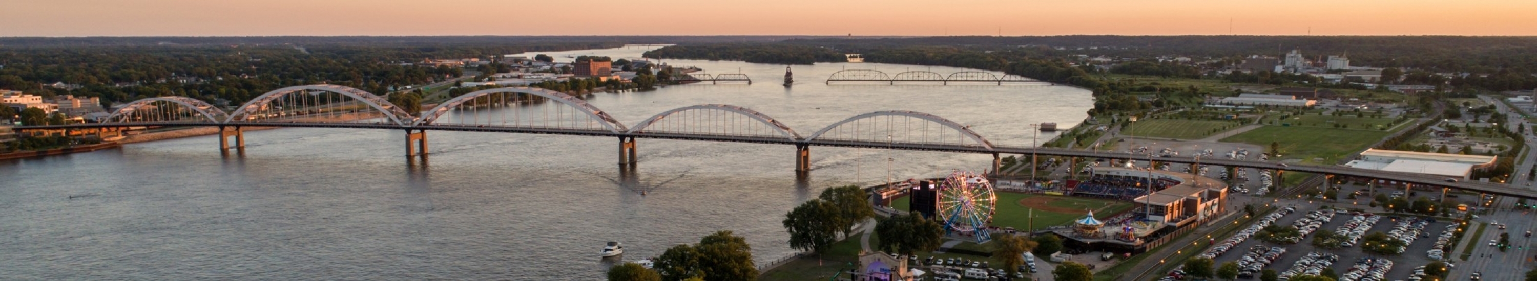Ariel photo of Davenport Quad Cities, river and bridge